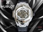 High Quality Replica HUBLOT BIG BANG SANG BLEU II Black Fluororubber Strap White Skeletonized Geometric Face Dial Titanium With Diamond-Set Case Watch 45mm